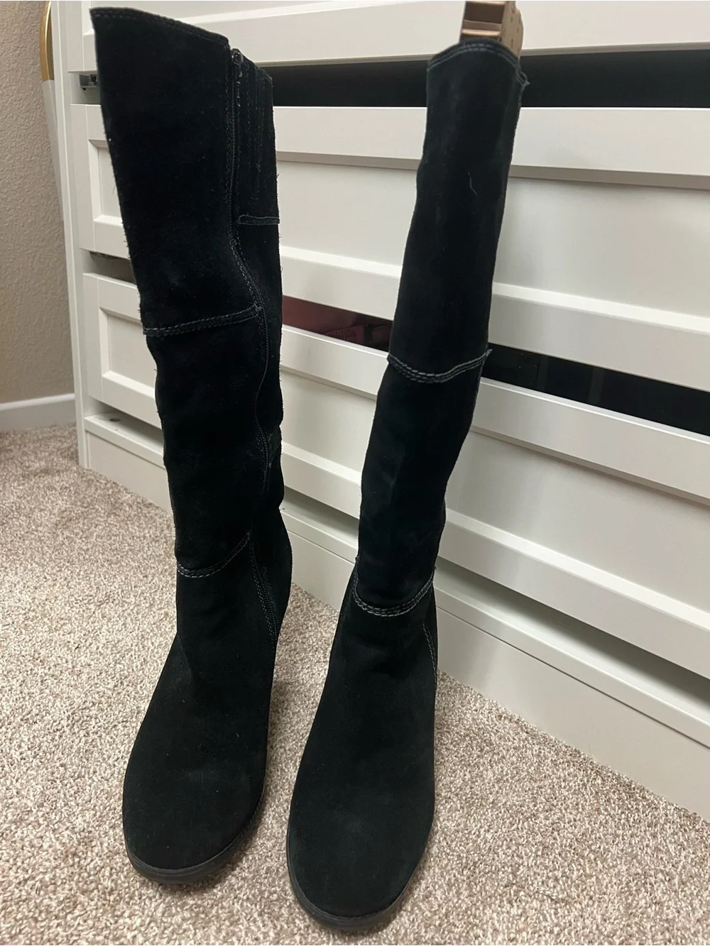 Genuine Stylish black suede knee boots with a comfortable wedge heel.